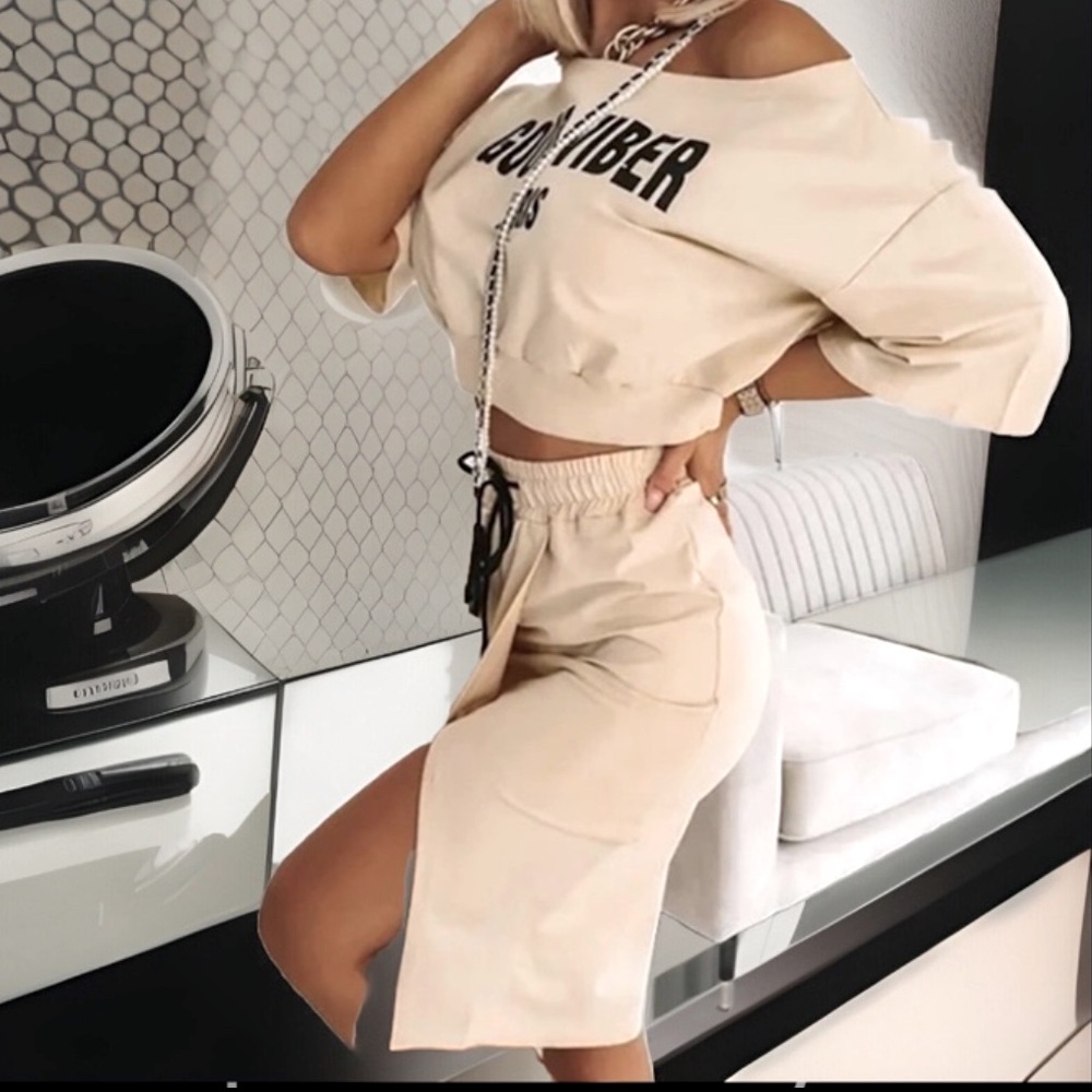 GOOD VIBER PARIS Off Shoulder Elastic Waist Crop Top W/High Split 2pc Skirt Set - Picture 6 of 9